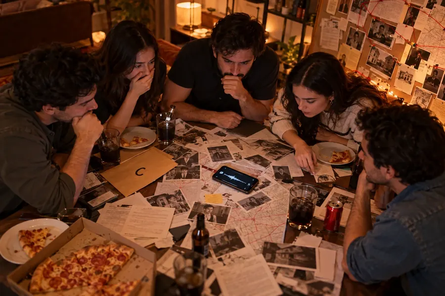 Cinco amigos escuchan con sorpresa una grabación en un teléfono, rodeados de pistas, pizza y el sobre C