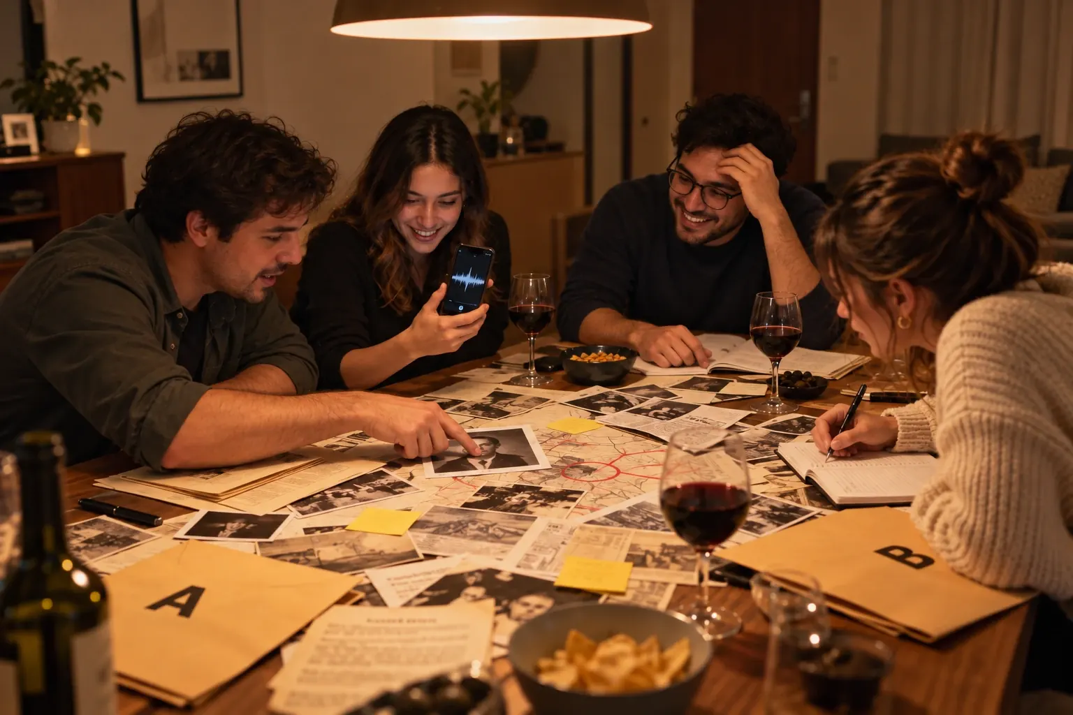 Cuatro amigos alrededor de una mesa llena de documentos, fotografías y sobres del expediente; una de ellas escucha un audio en su teléfono