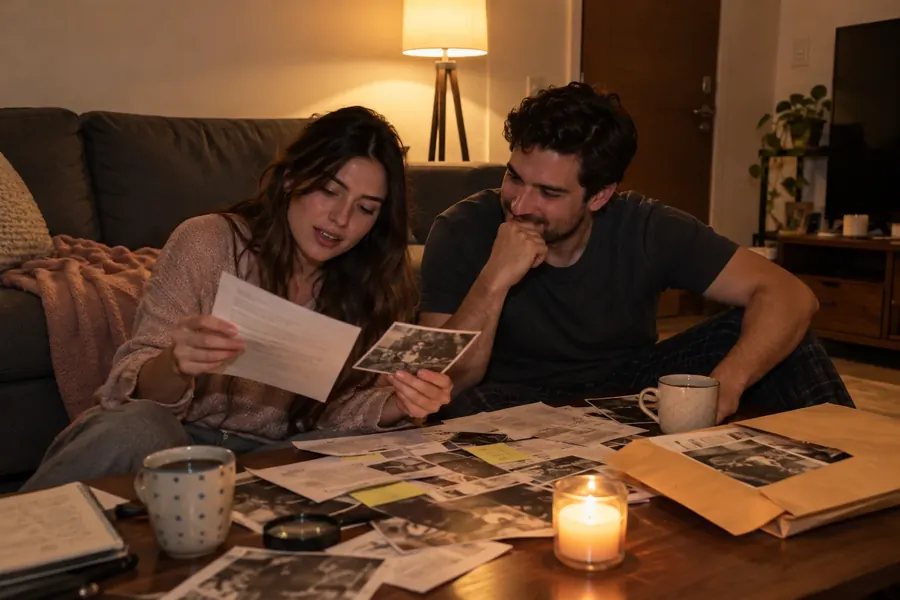 Una pareja en la sala compara una declaración con una fotografía antigua a la luz de una vela